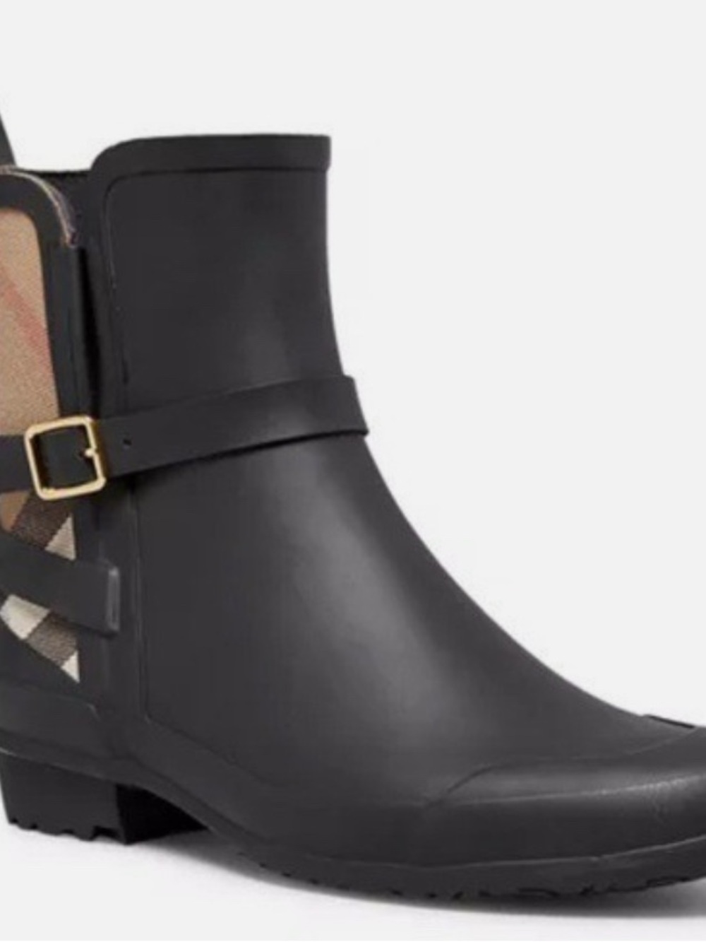 Burberry Black Women's Chelsea Rain Ankle Boots with Plaid Panel